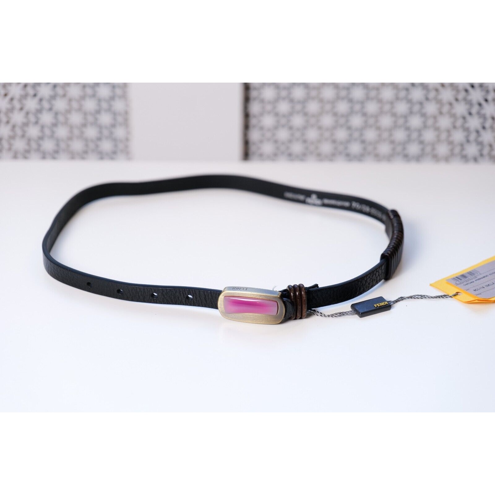 Fendi Rare Vintage Pink Stone Black Leather Belt (Size 70cm, 28in)